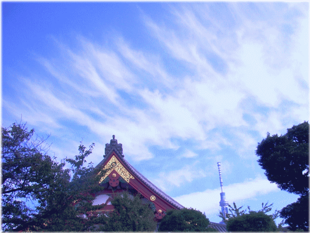 浅草寺の本堂と、東京スカイツリーと雲