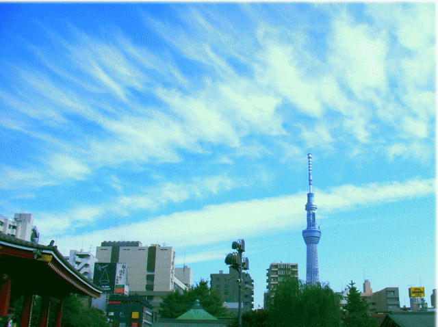 浅草寺の本堂と、東京スカイツリーと雲