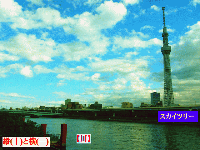 【川】と東京スカイツリー　縦(｜)と横(―)初冬の雲