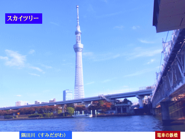 冬の空 　◆電車の鉄橋、東京スカイツリー、隅田川